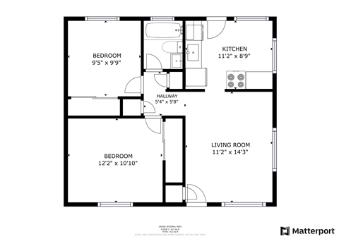 Floor plan for 2 beds, 1 bath, 650 sqft